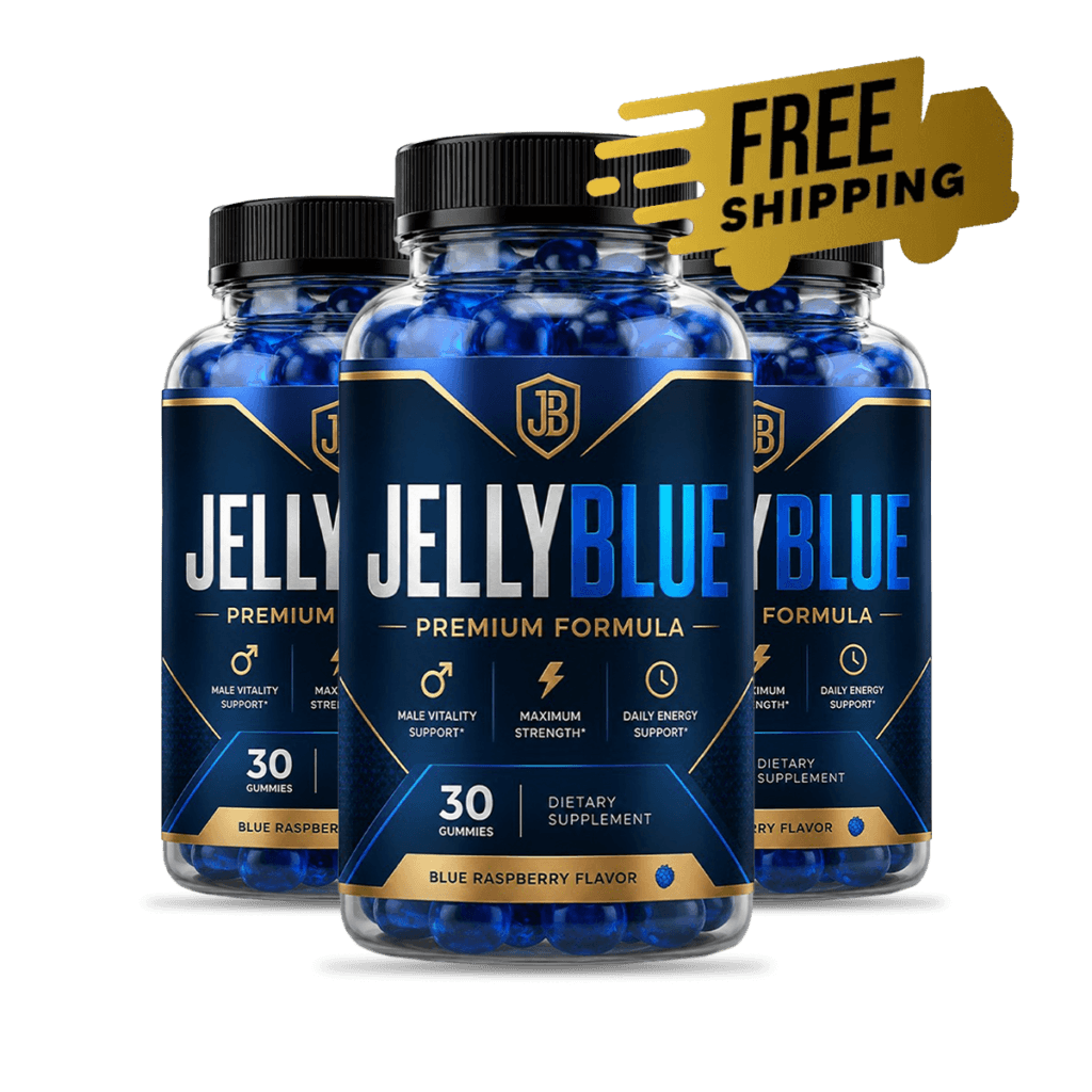 3 bottles of JellyBlue male vitality gummy supplement, dark navy labels with gold accents, professio