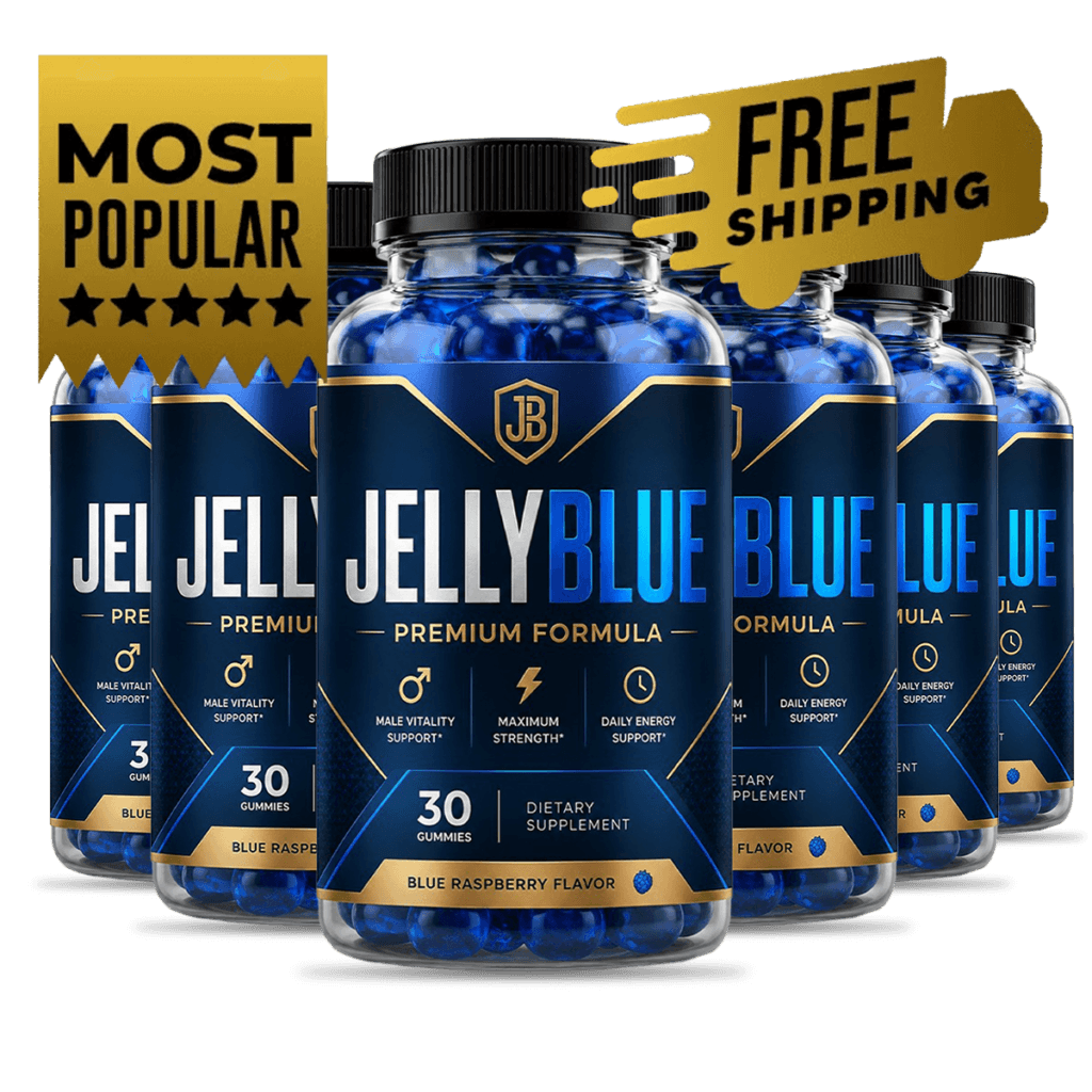 6 bottles of JellyBlue male vitality gummy supplement, dark navy labels with gold accents, professio