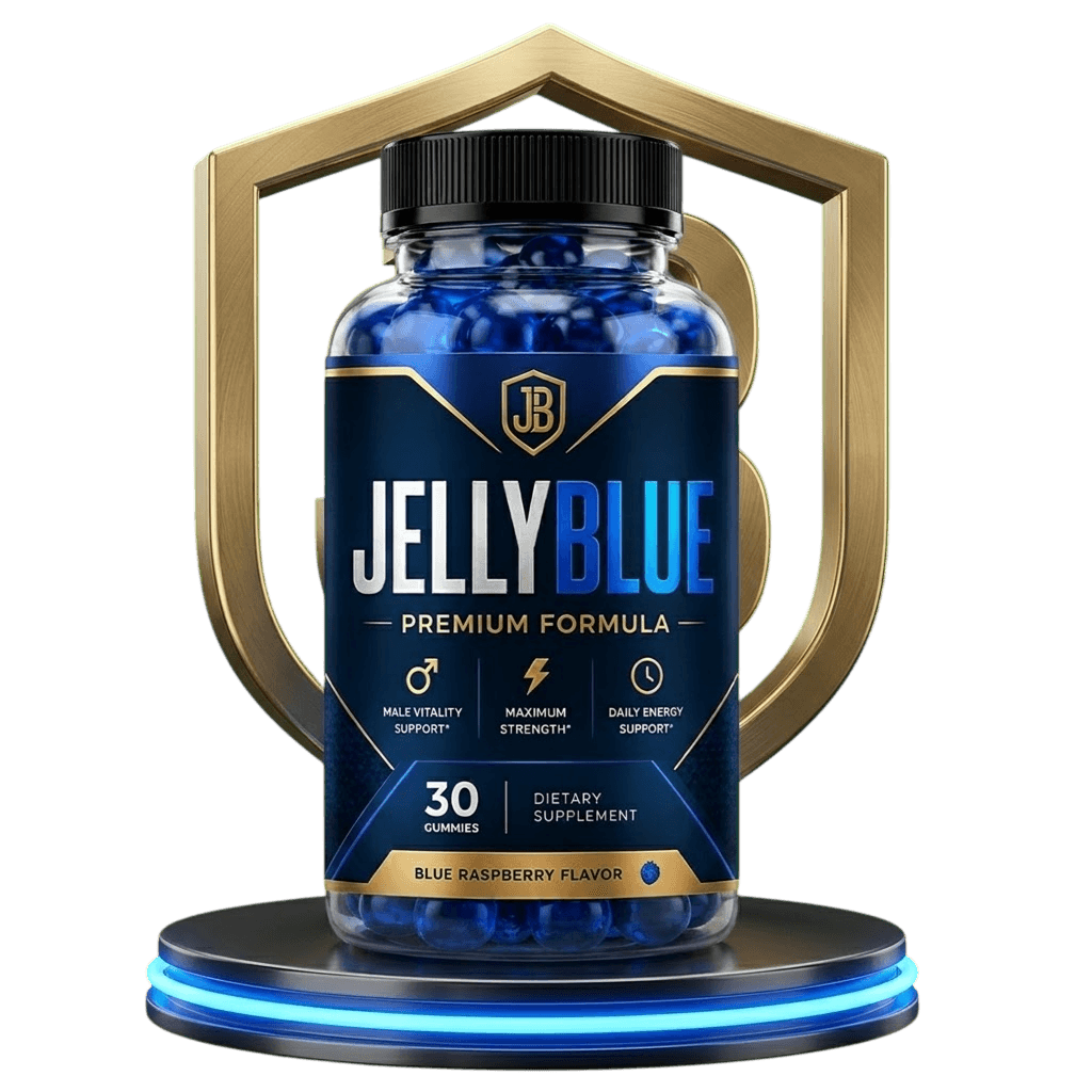 3 bottles of JellyBlue Premium Male Vitality gummy supplement, dark navy blue labels with gold accen